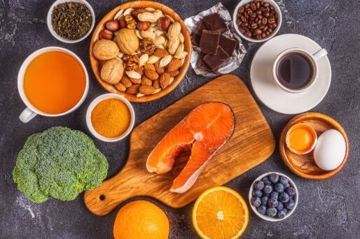 A spread of the best food for the brain, including salmon, coffee, nuts and eggs.